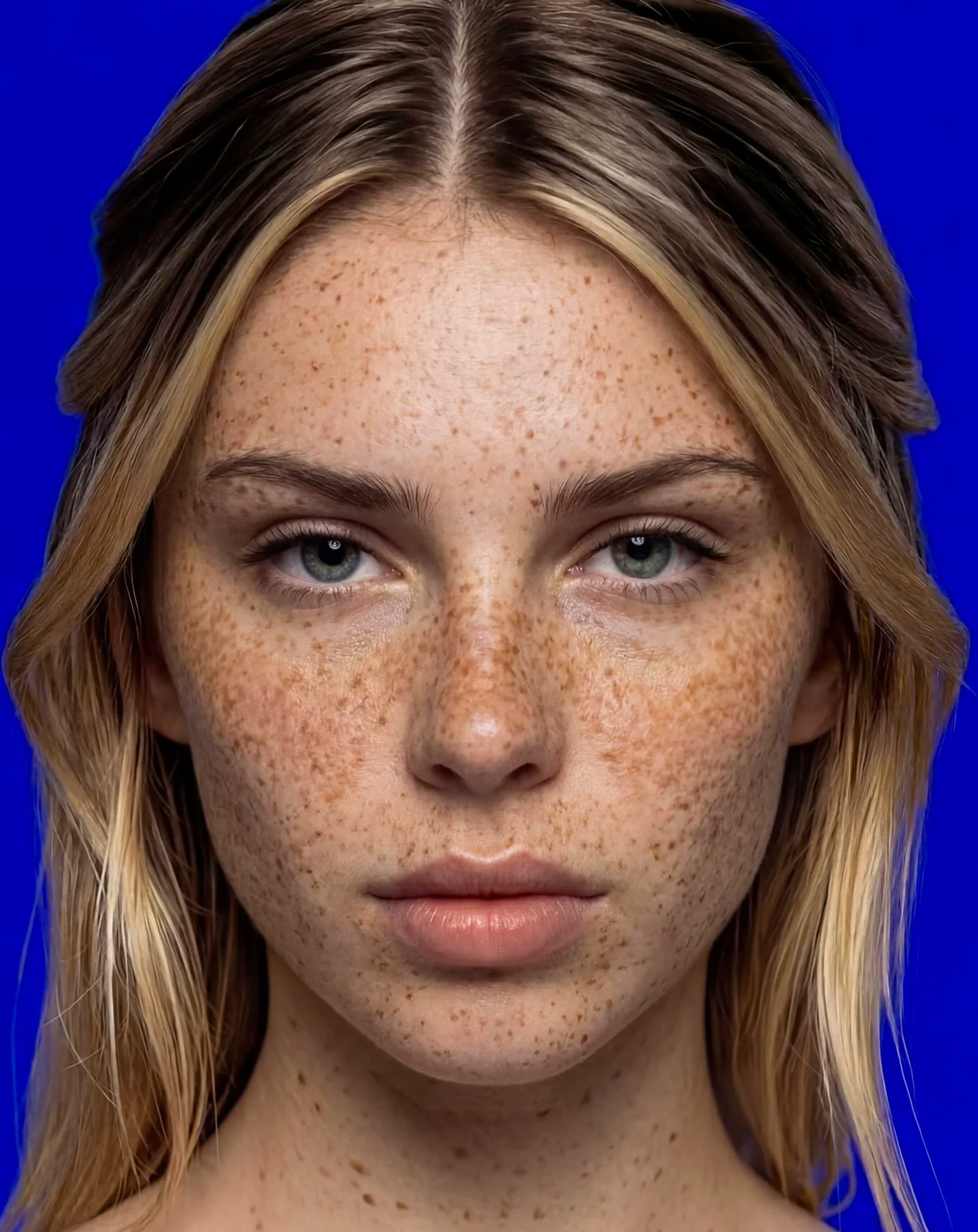 Beauty close-up with freckles, blue background